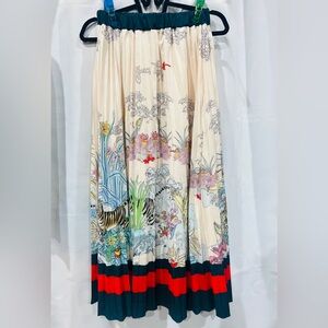 Pleated Jungle Tiger Print Maxi Skirt 34” Length Elastic Waist EUC